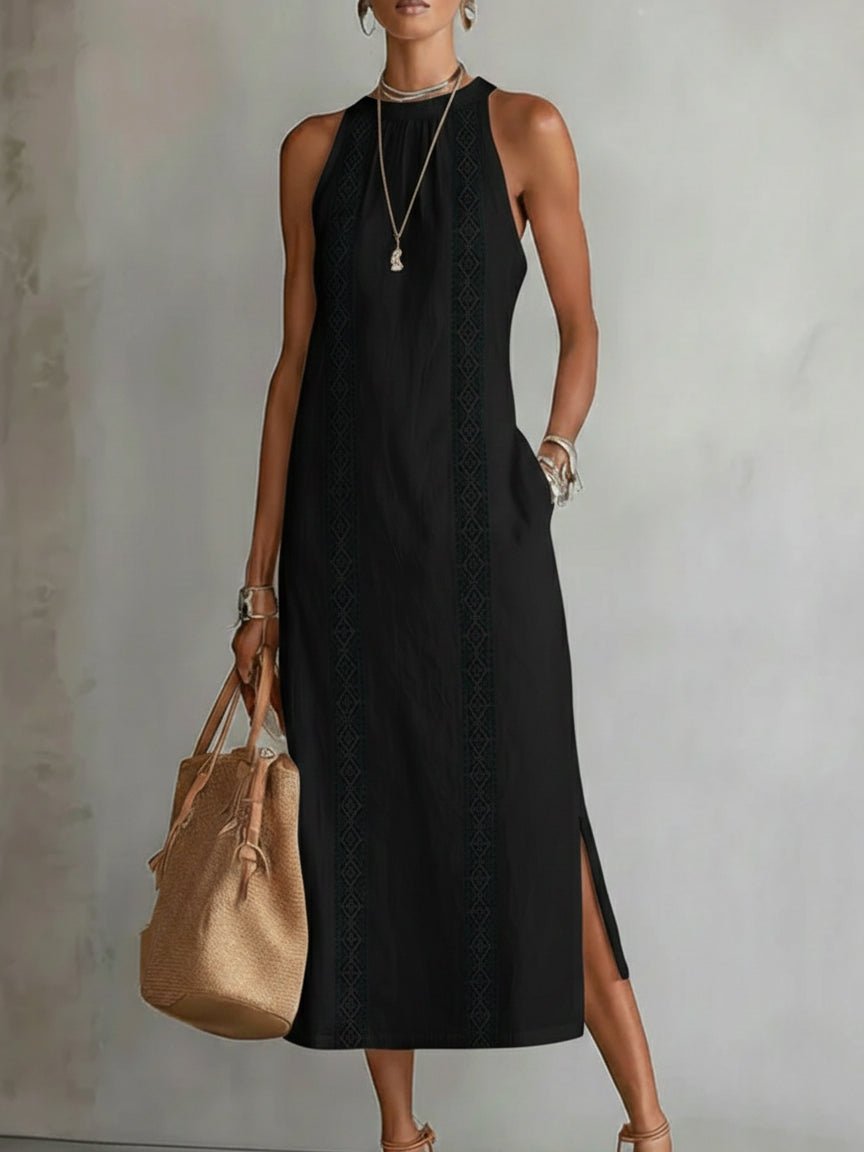 Damen Ärmellos Bestickt Midi-Kleid