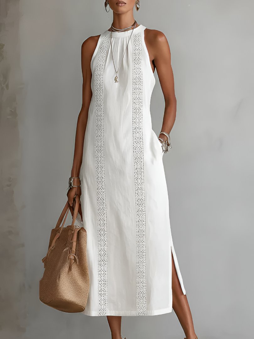 Damen Ärmellos Bestickt Midi-Kleid