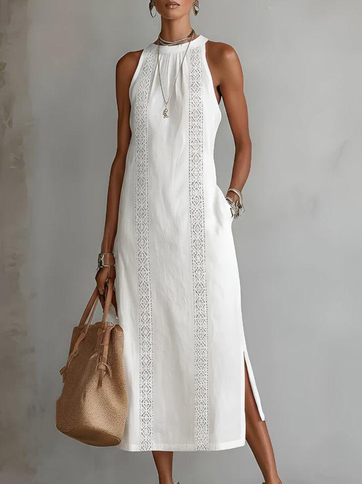 Damen Ärmellos Bestickt Midi-Kleid