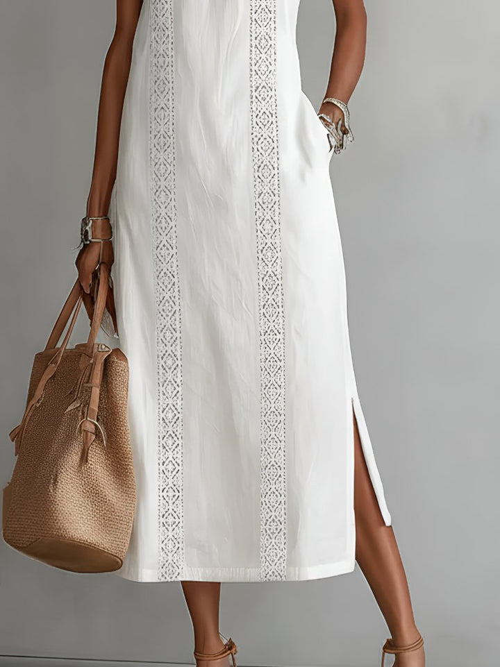 Damen Ärmellos Bestickt Midi-Kleid