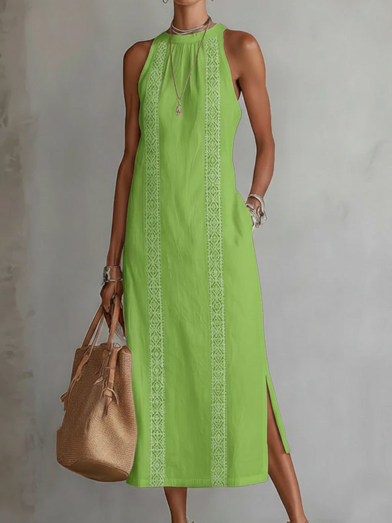 Damen Ärmellos Bestickt Midi-Kleid