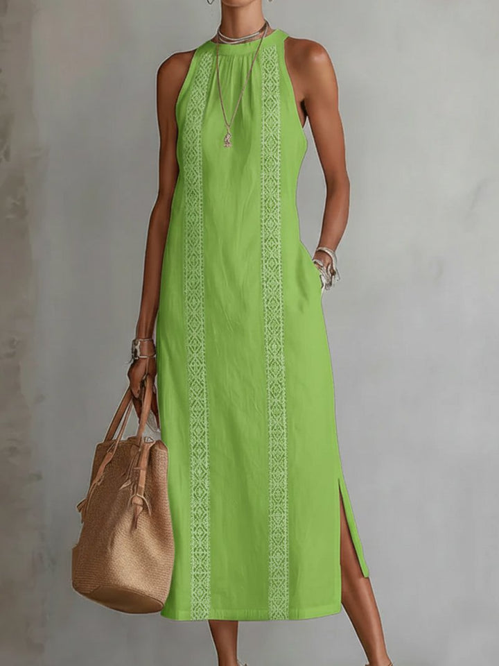 Damen Ärmellos Bestickt Midi-Kleid