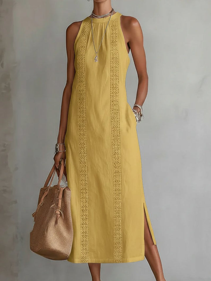 Damen Ärmellos Bestickt Midi-Kleid