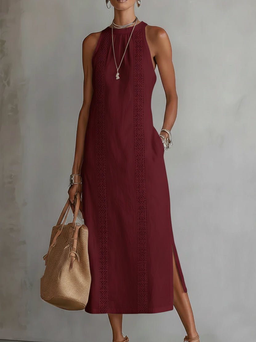 Damen Ärmellos Bestickt Midi-Kleid