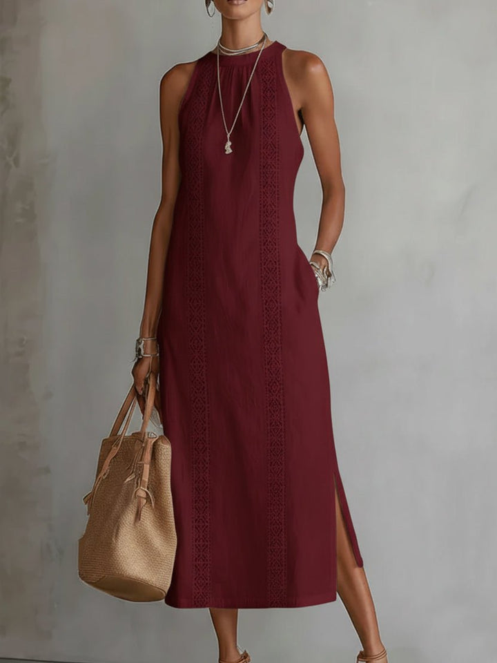 Damen Ärmellos Bestickt Midi-Kleid