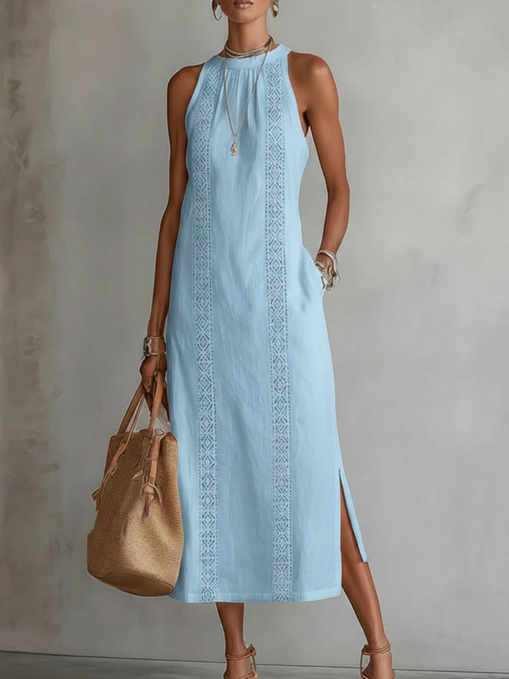 Damen Ärmellos Bestickt Midi-Kleid