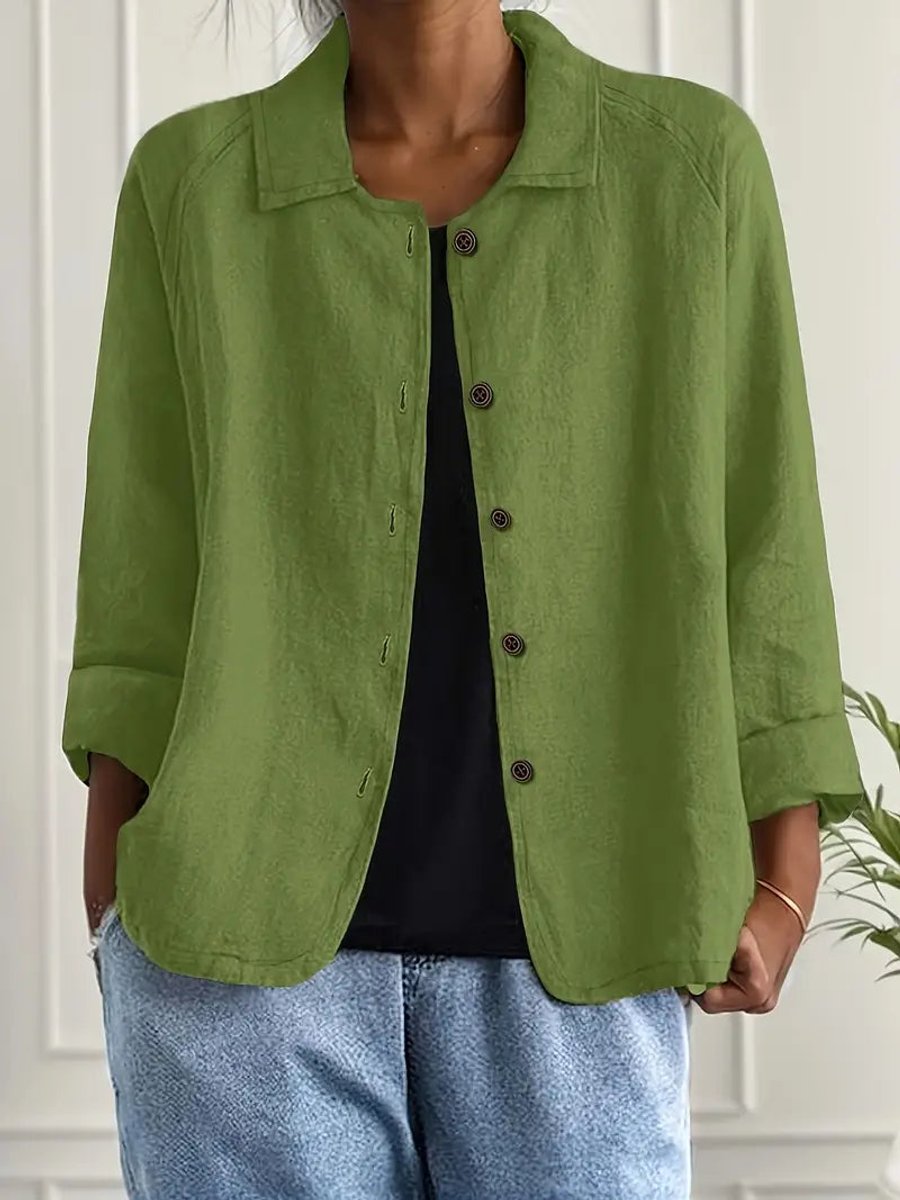 Damen Strickjacke leichte Baumwoll-Leinen Hemd-Cardigan mit Knöpfen