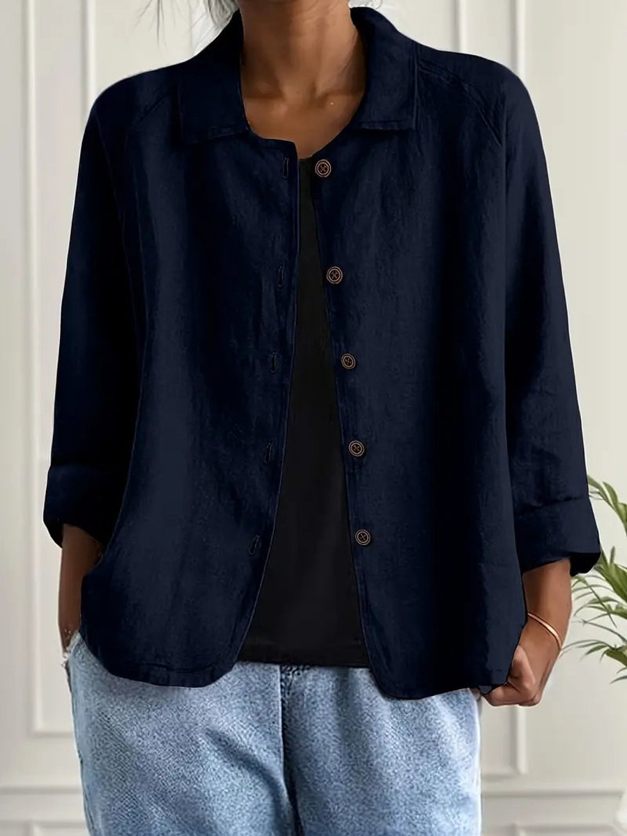 Damen Strickjacke leichte Baumwoll-Leinen Hemd-Cardigan mit Knöpfen