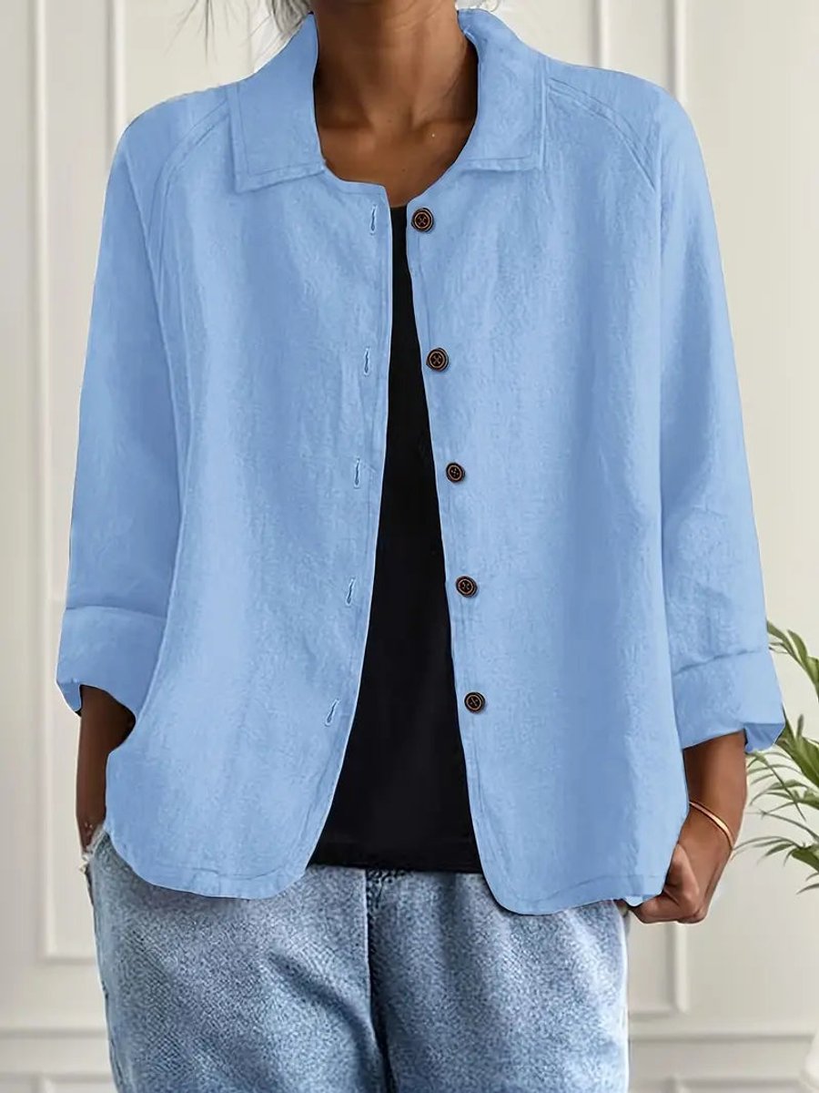 Damen Strickjacke leichte Baumwoll-Leinen Hemd-Cardigan mit Knöpfen