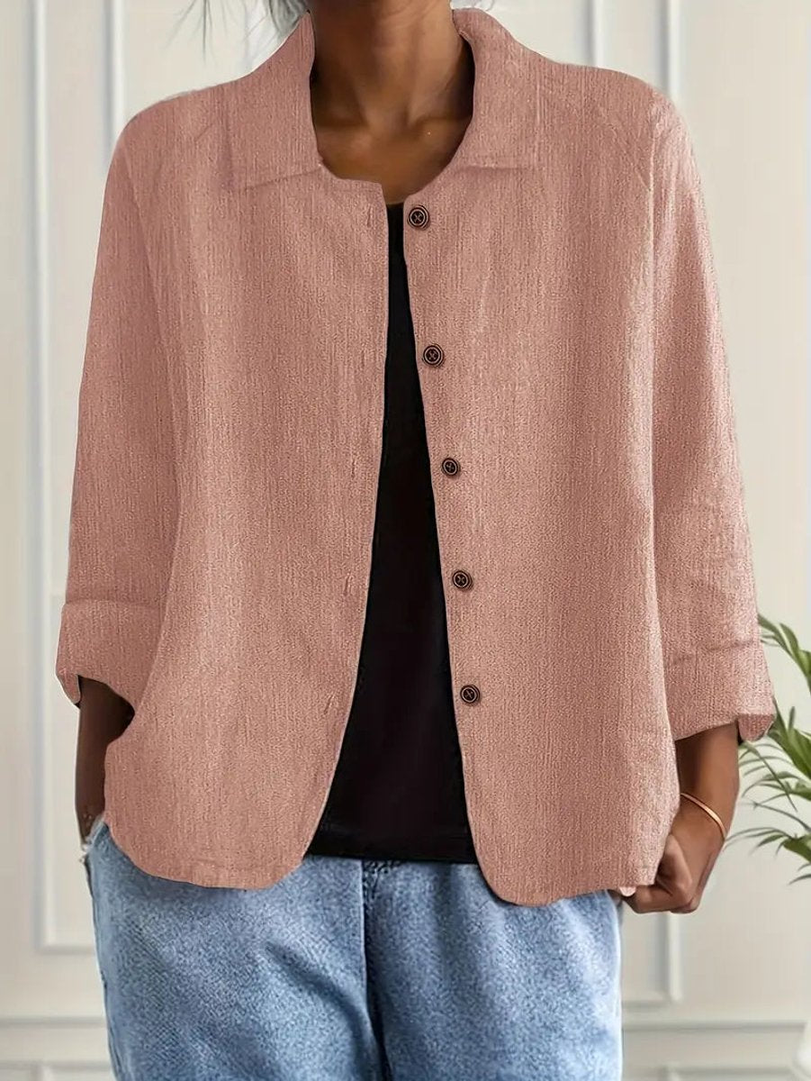 Damen Strickjacke leichte Baumwoll-Leinen Hemd-Cardigan mit Knöpfen