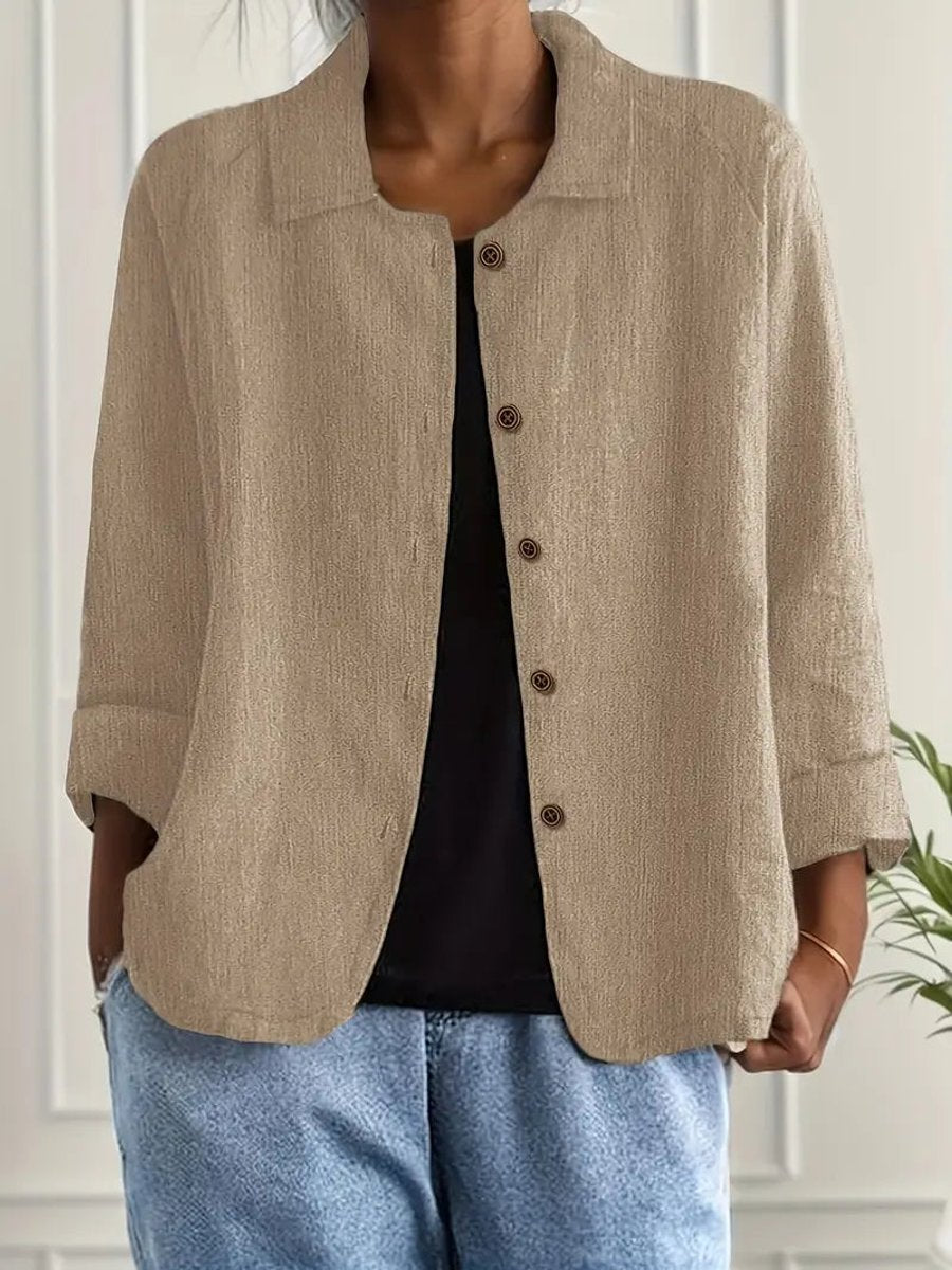 Damen Strickjacke leichte Baumwoll-Leinen Hemd-Cardigan mit Knöpfen
