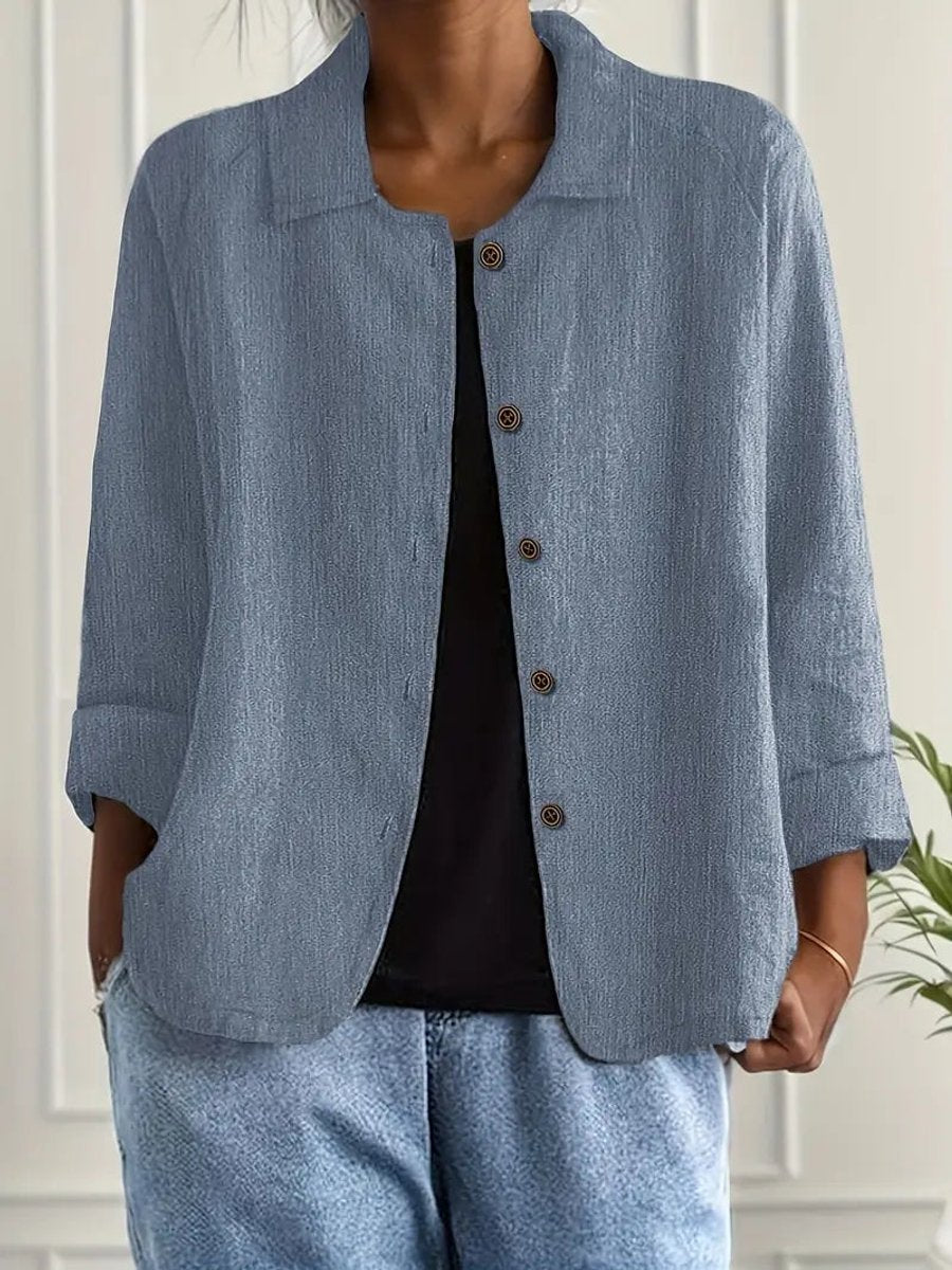Damen Strickjacke leichte Baumwoll-Leinen Hemd-Cardigan mit Knöpfen