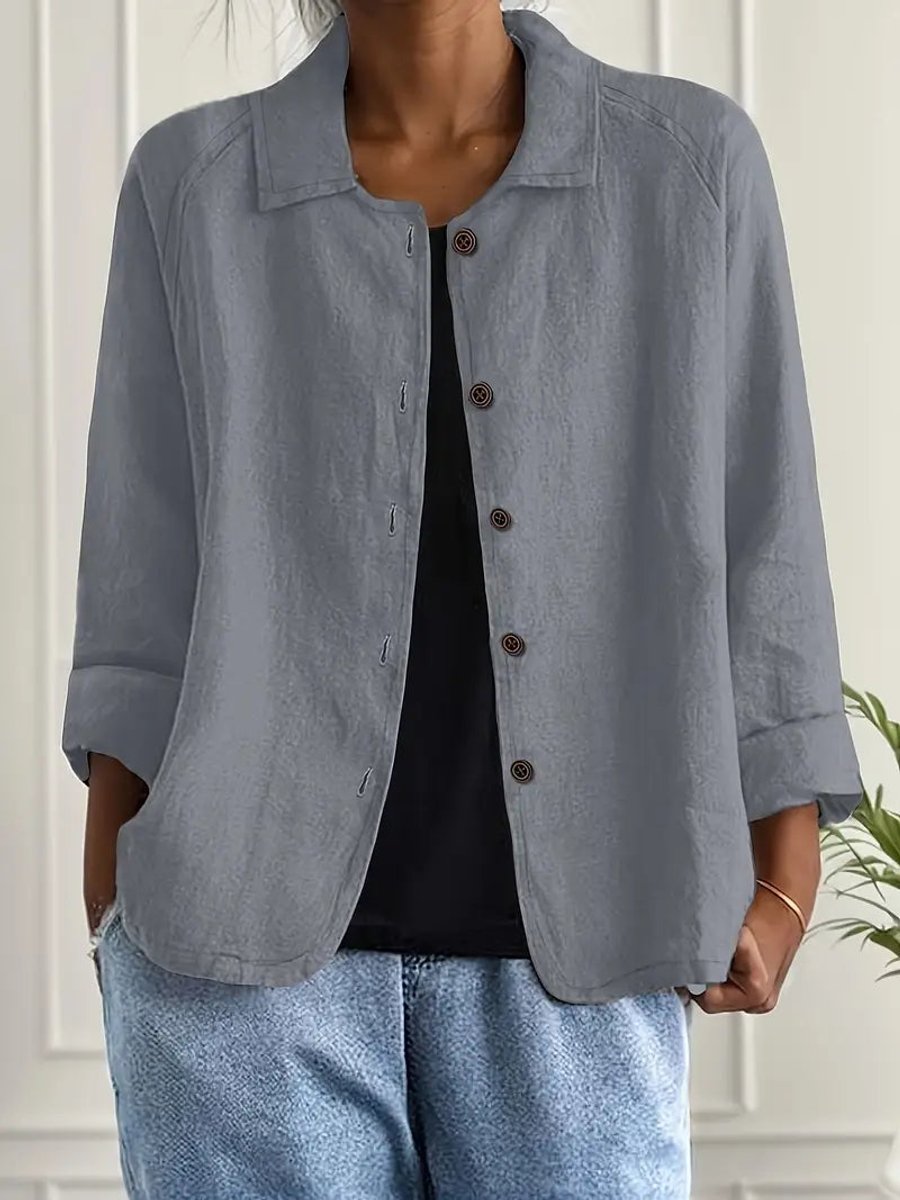 Damen Strickjacke leichte Baumwoll-Leinen Hemd-Cardigan mit Knöpfen