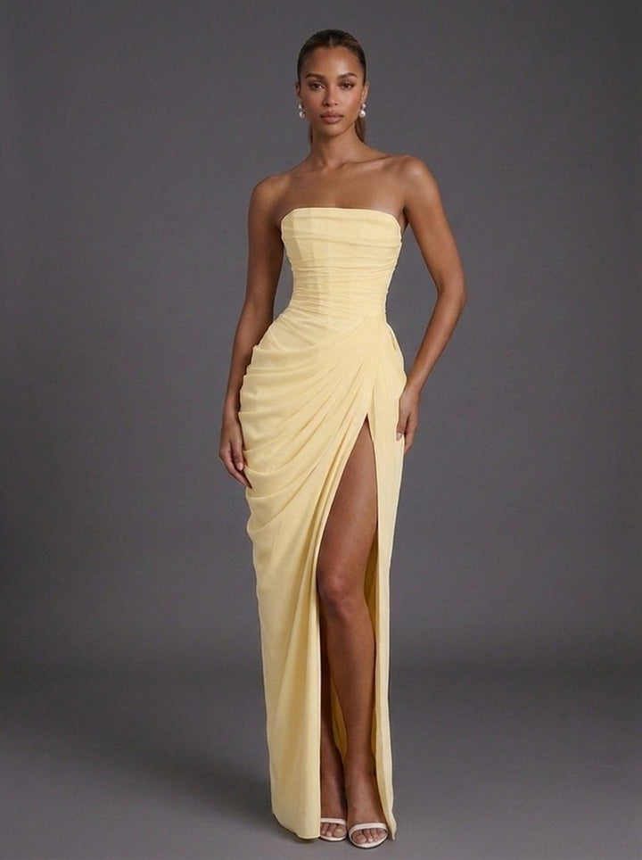 Damen Trägerlos Korsett Gerafft Maxi Hochzeitsgast Kleid