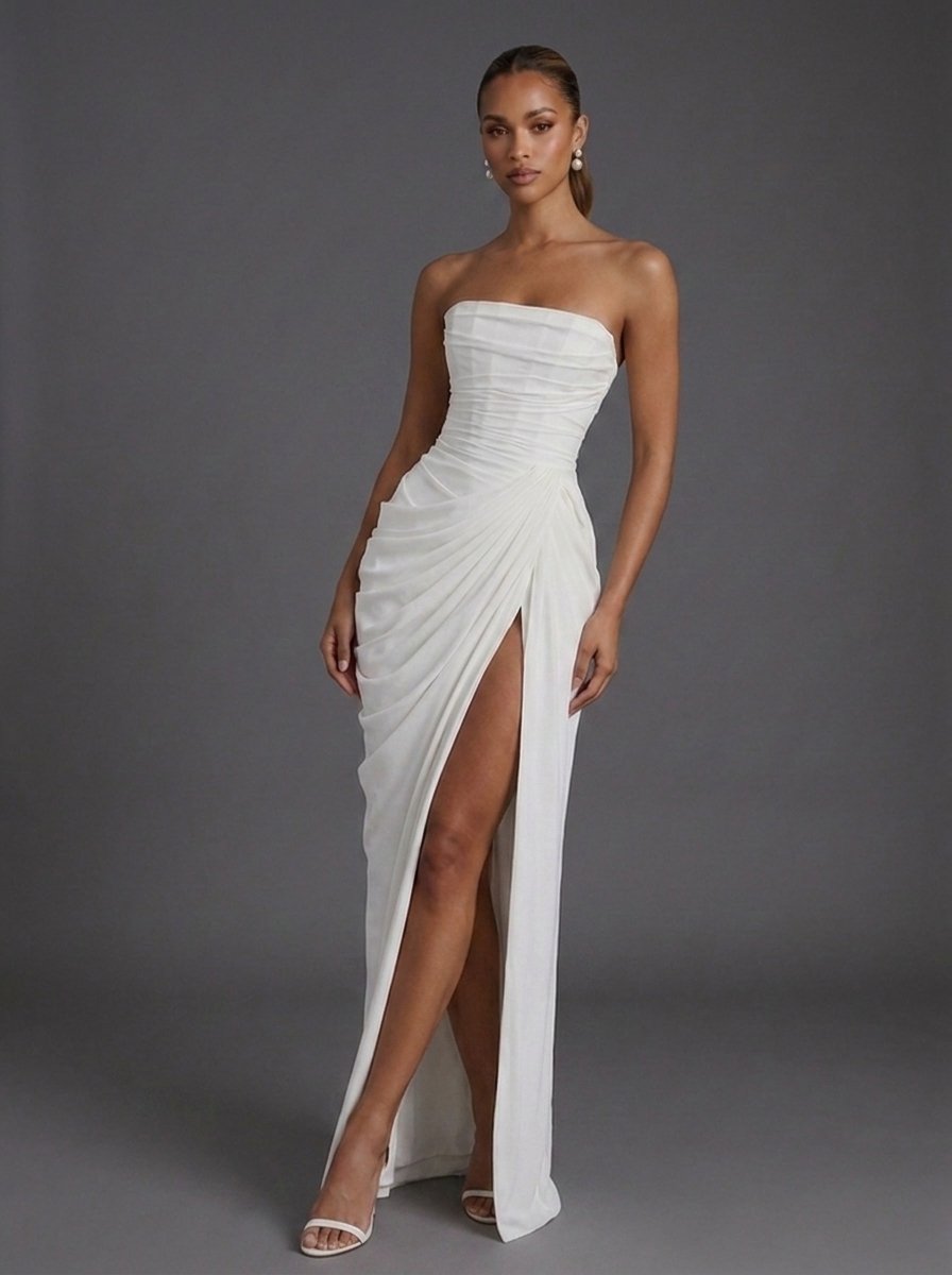 Damen Trägerlos Korsett Gerafft Maxi Hochzeitsgast Kleid