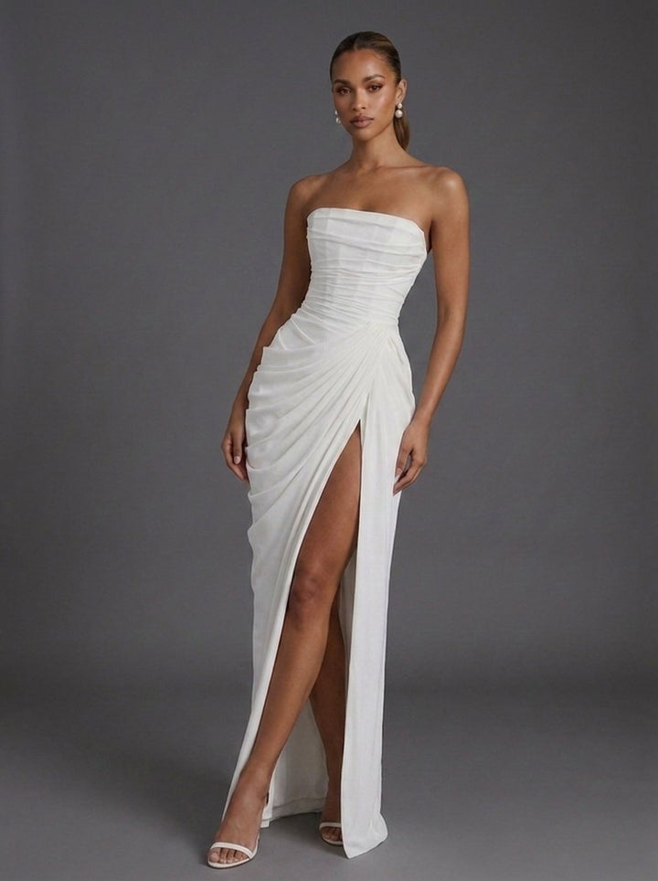 Damen Trägerlos Korsett Gerafft Maxi Hochzeitsgast Kleid