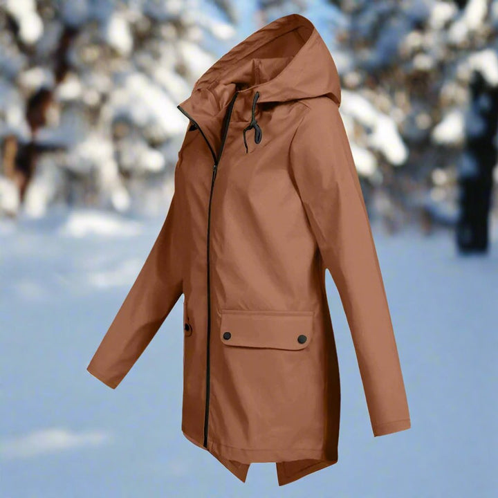 Damen Wasserdichte Kapuzen-Regenjacke mit Reißverschluss Taschen