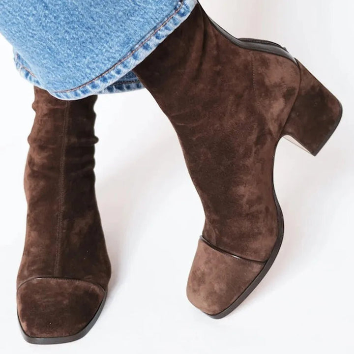 Damen Wildleder Blockabsatz Stiefeletten Quadratische Zehenpartie