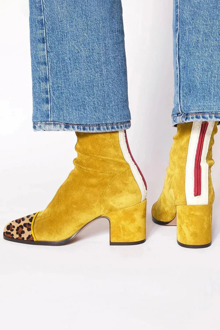 Damen Wildleder Blockabsatz Stiefeletten Quadratische Zehenpartie