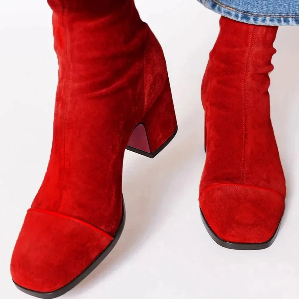 Damen Wildleder Blockabsatz Stiefeletten Quadratische Zehenpartie