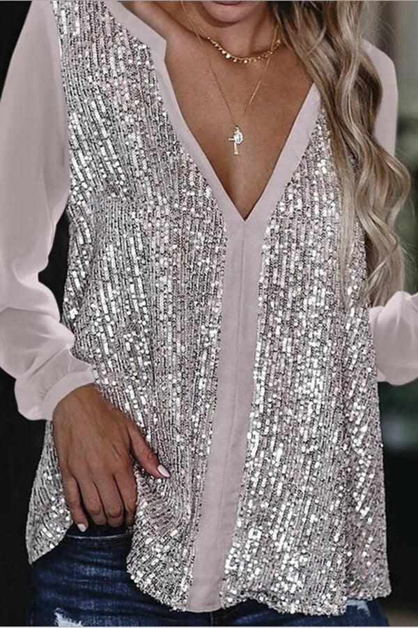 Lange Ärmel Pailletten V-Ausschnitt Bluse