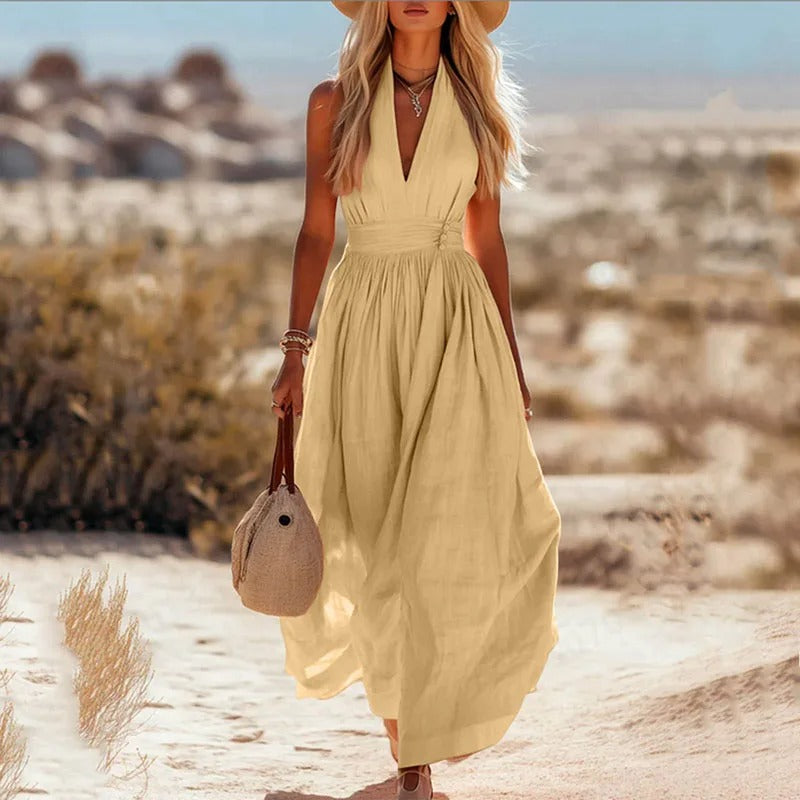 Damen Boho Neckholder Maxi Leinen-Kleid