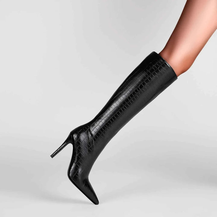 Handgemachte Damen-Stiefel mit Kroko-Prägung und Stiletto-Absatz