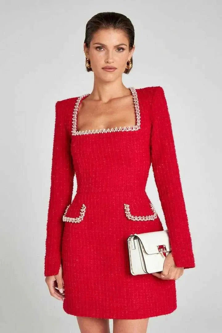 Langarm Minikleid aus Tweed mit Perlendetails