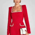 Langarm Minikleid aus Tweed mit Perlendetails