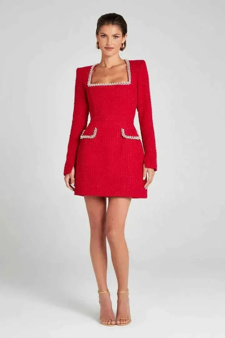 Langarm Minikleid aus Tweed mit Perlendetails