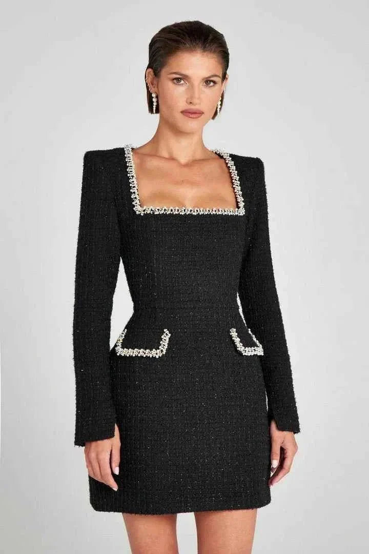 Langarm Minikleid aus Tweed mit Perlendetails