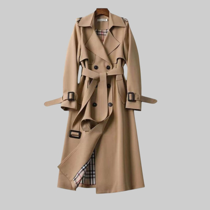 Damen Langer Doppelreihiger Trenchcoat Mit Gürtel