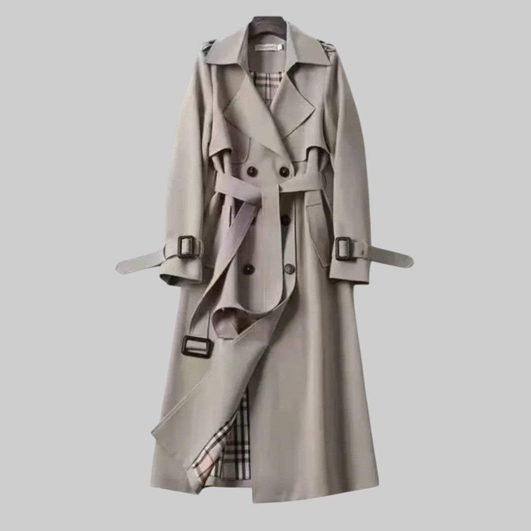 Damen Langer Doppelreihiger Trenchcoat Mit Gürtel