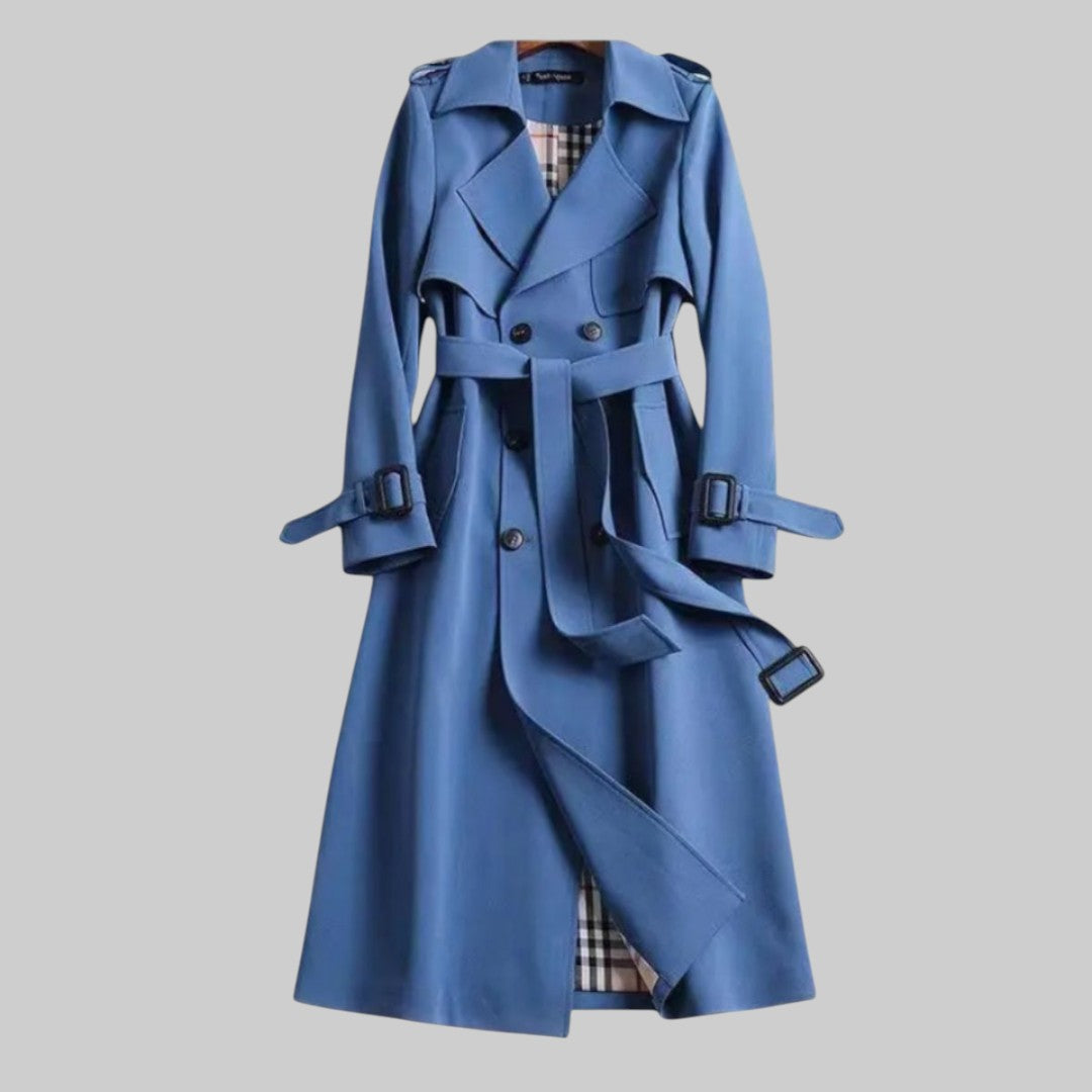 Damen Langer Doppelreihiger Trenchcoat Mit Gürtel