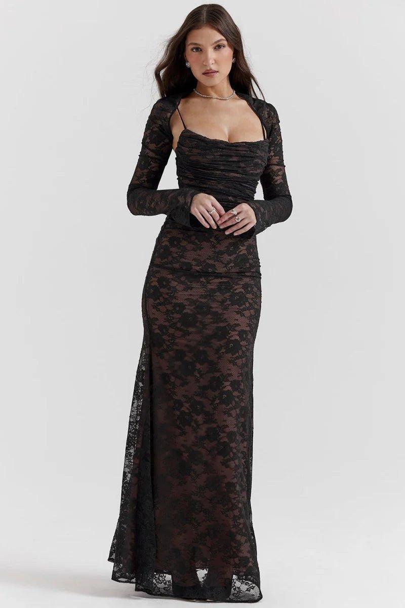 Maxikleid aus Spitze mit langen Ärmeln und transparenten Details