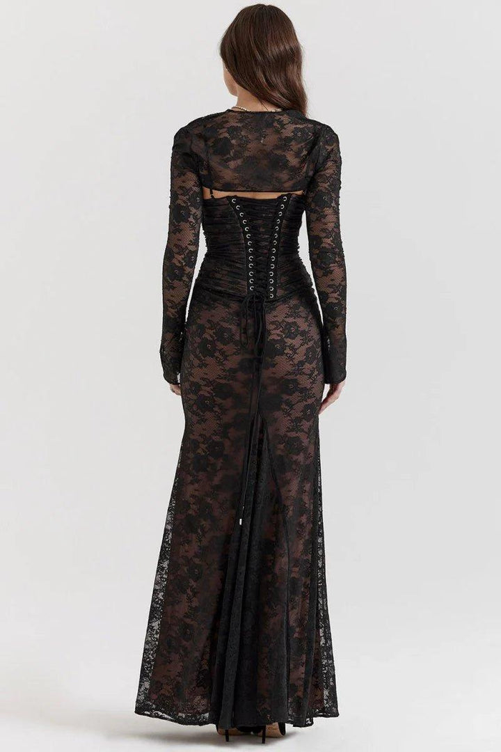 Maxikleid aus Spitze mit langen Ärmeln und transparenten Details