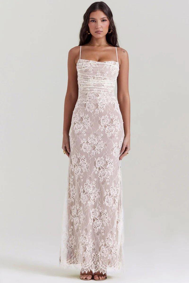Maxikleid aus Spitze mit langen Ärmeln und transparenten Details