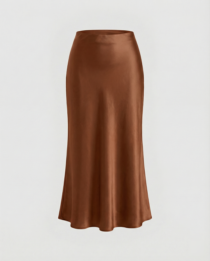 Damen eleganter Satin-Midirock mit fließendem Schnitt und hohem Bund