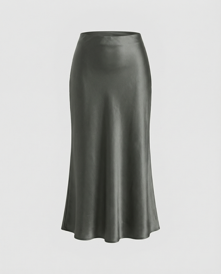 Damen eleganter Satin-Midirock mit fließendem Schnitt und hohem Bund