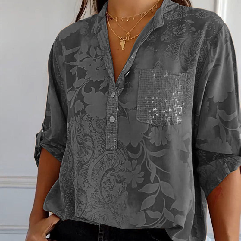 Elegante bedruckte Bluse mit Vordertasche