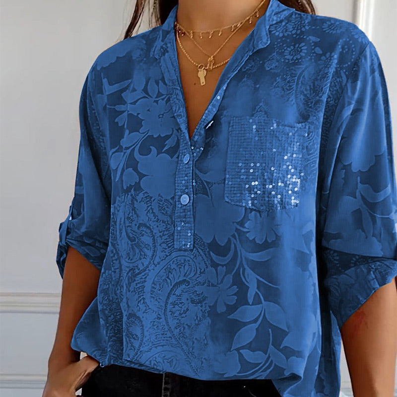 Elegante bedruckte Bluse mit Vordertasche