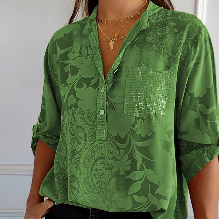 Elegante bedruckte Bluse mit Vordertasche