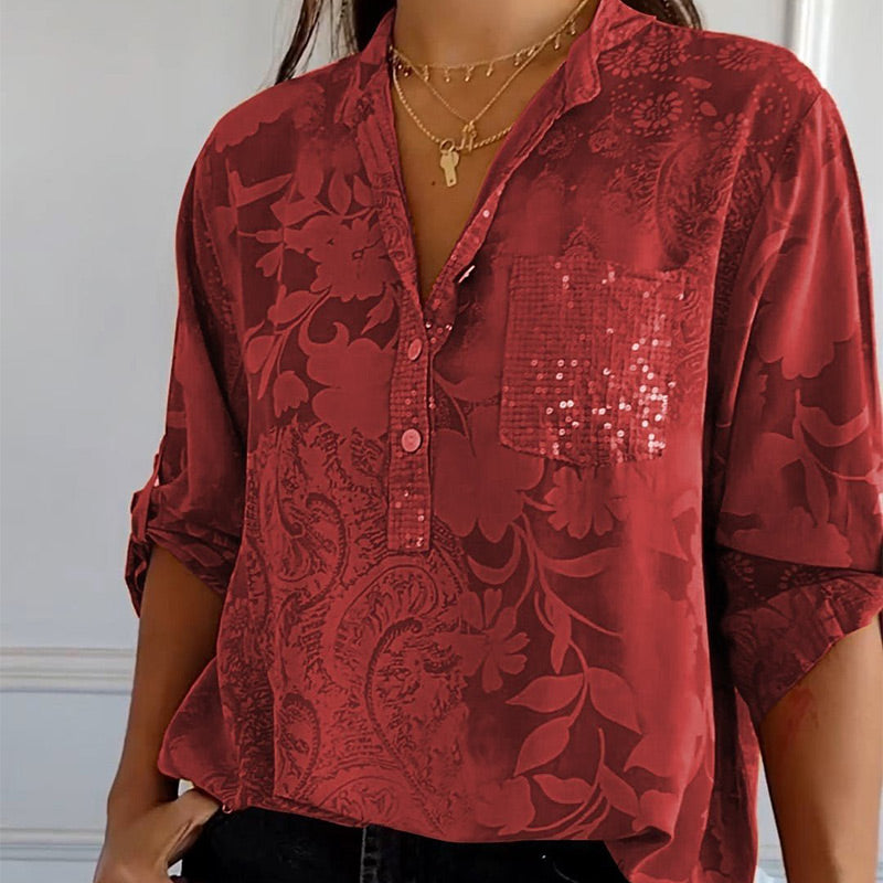 Elegante bedruckte Bluse mit Vordertasche