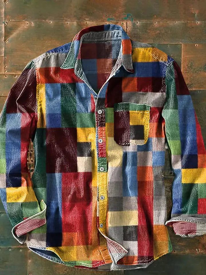 Herren Lässiges Langarmhemd mit Patchwork-Design