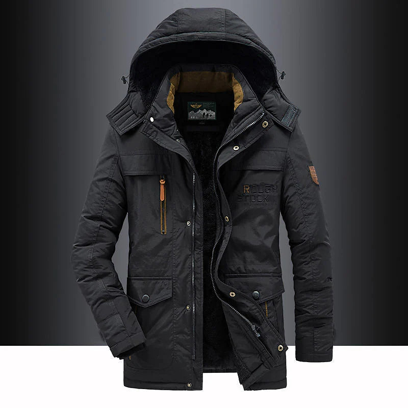 Herren-Parka mit Fleece-Innenfutter und Kapuze mit Kunstpelzbesatz